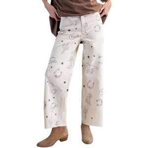 Easel Western Print Twill Wide Leg Stretchy Cotton Raw Hem Cropped Pants Small